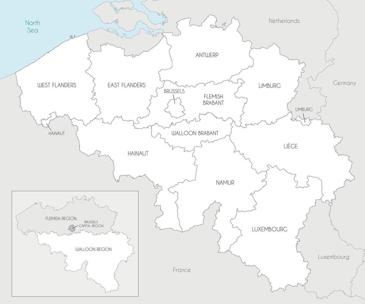 map of Belgium with regions, provinces and administrative divisions, and neighbouring countries and territories. Editable and clearly labeled layers. vector