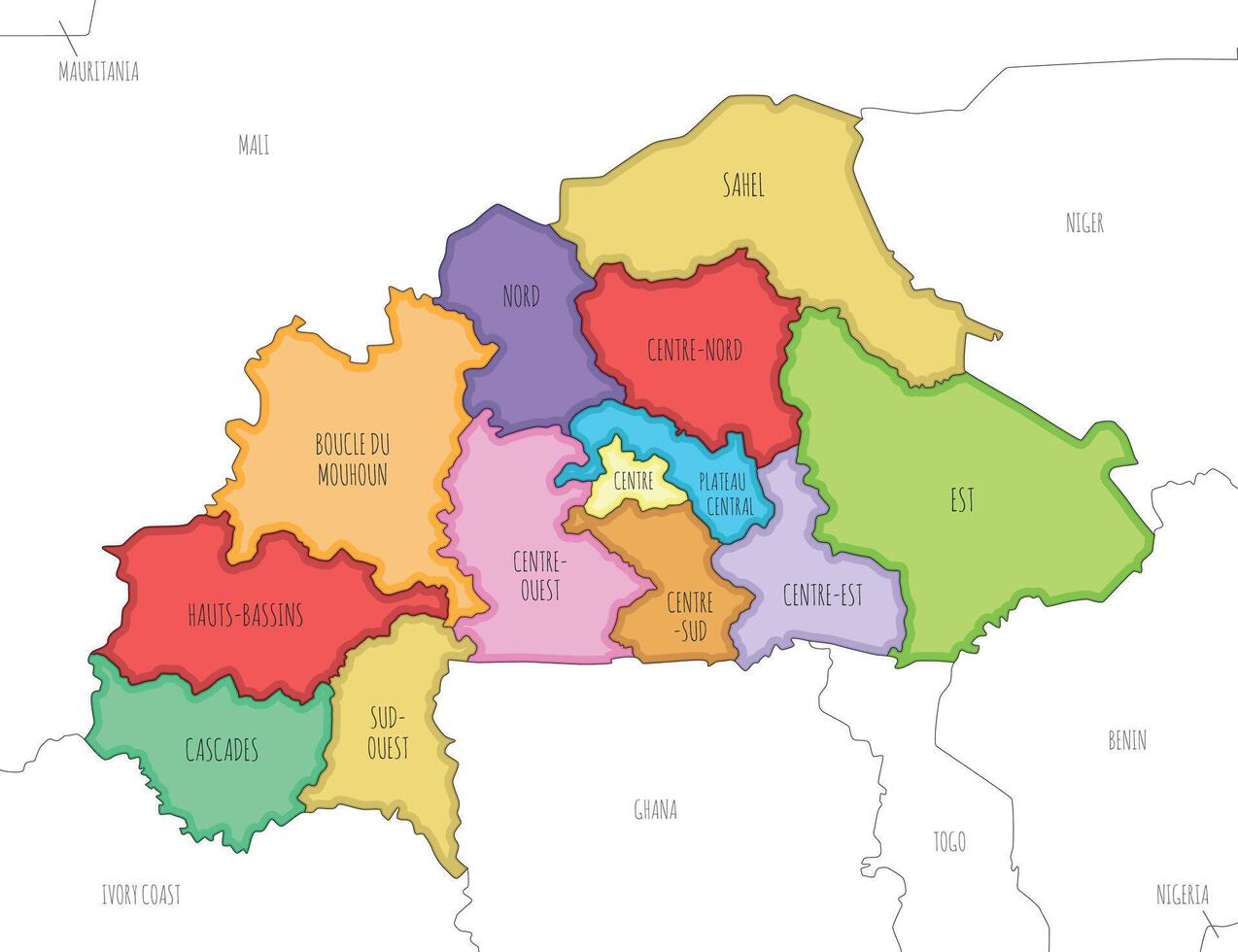 illustrated map of Burkina Faso with regions and administrative divisions, and neighbouring countries and territories. Editable and clearly labeled layers. vector