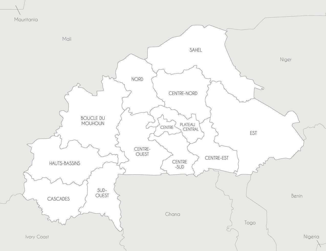 map of Burkina Faso with regions and administrative divisions, and neighbouring countries and territories. Editable and clearly labeled layers. vector