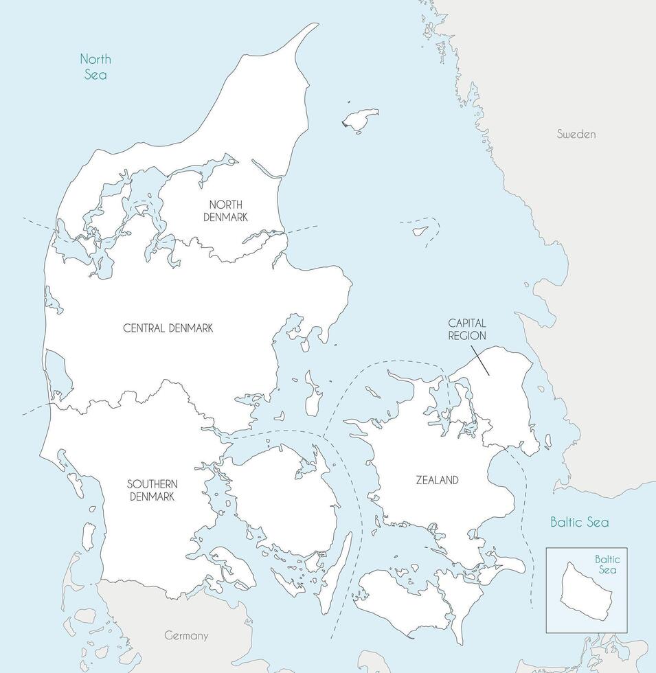 map of Denmark with regions and administrative divisions, and neighbouring countries and territories. Editable and clearly labeled layers. vector