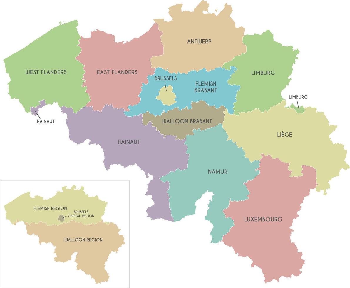 map of Belgium with regions, provinces and administrative divisions. Editable and clearly labeled layers. vector