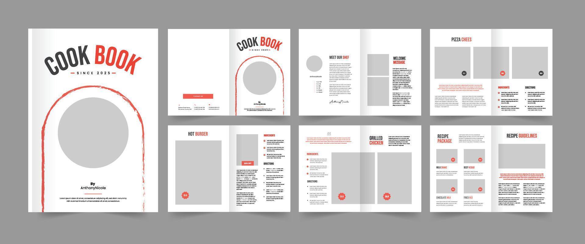 Recipe book layout template, cookbook design, food menu template, cook book magazine design vector