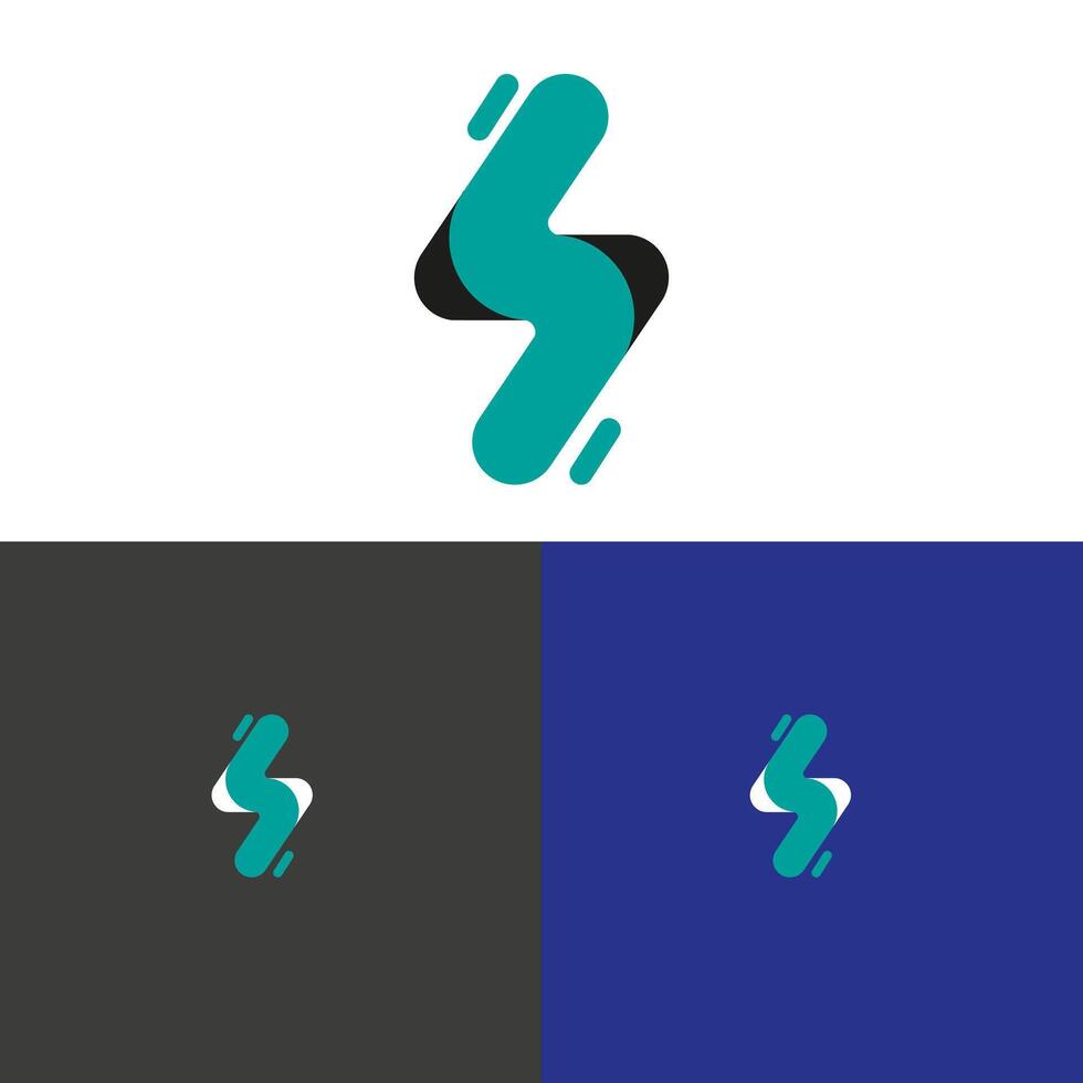 Unique abstract logo design featuring a stylized shape in teal, displayed on white, gray, and blue backgrounds. Ideal for branding, business identity, or corporate use. Initial NS letter logo vector
