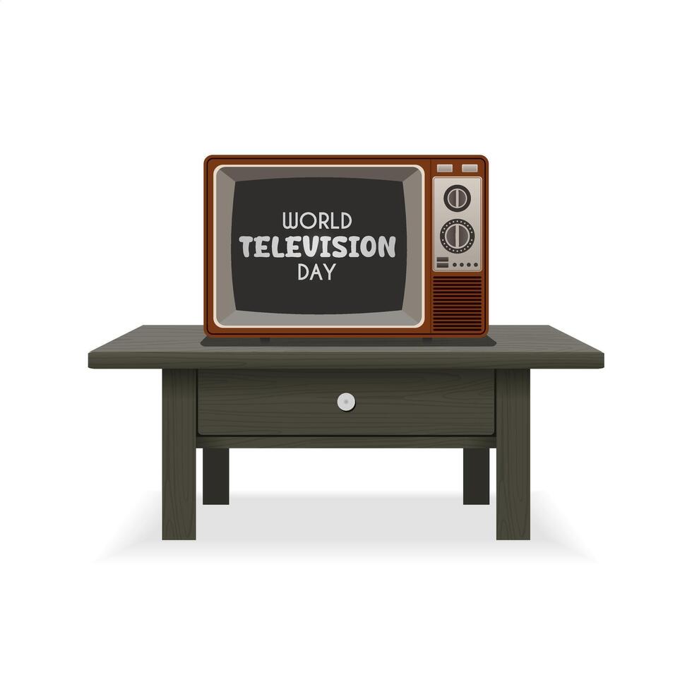 An old brown television set on a table and the phrase World Television Day on the television screen vector