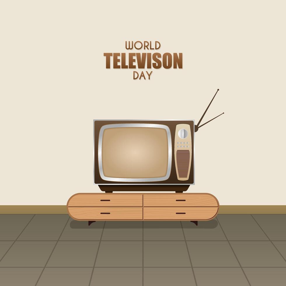 A brown television on a sideboard with a light brown background, suitable for World Television Day vector