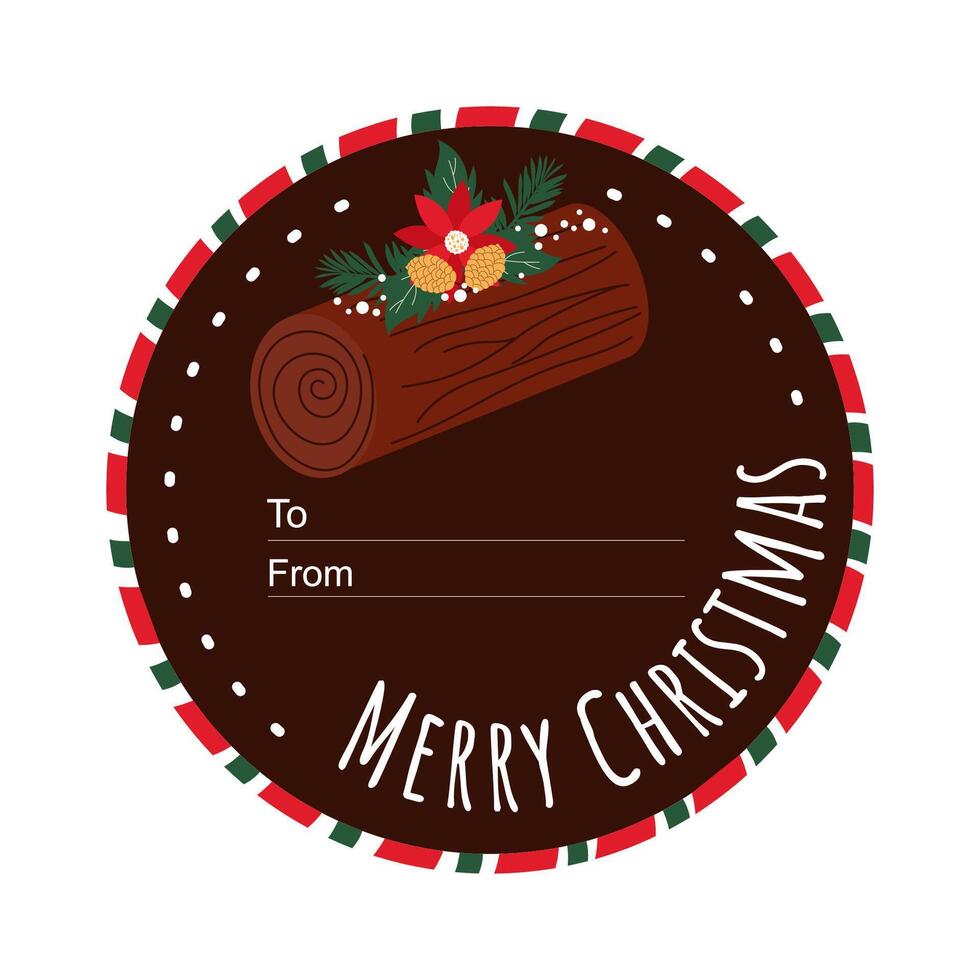 Hand drawn Christmas circle illustrative label with traditional cake. vector