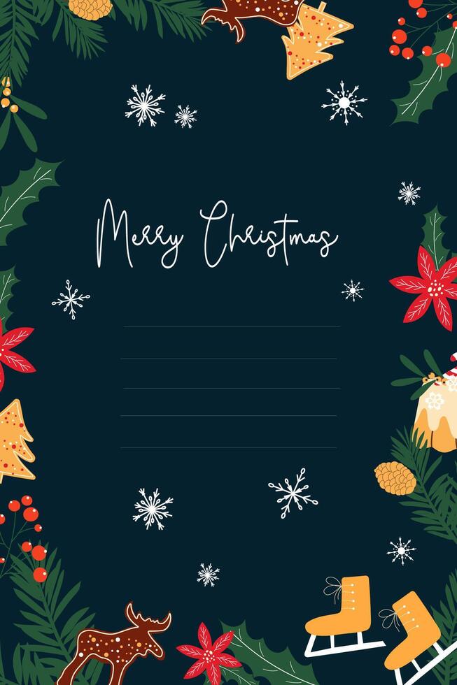 Template for a Christmas greeting card. Christmas decoration on a dark blue background. vector