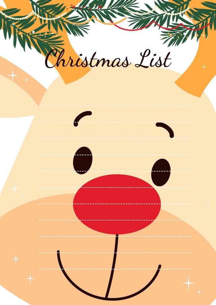 Cute Christmas wish list template with reindeer. vector