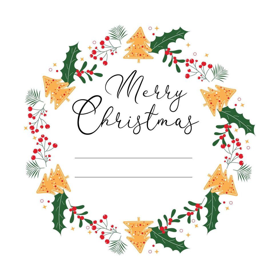Hand drawn Christmas wreath set with winter plants, gingerbread cookie and berries. vector