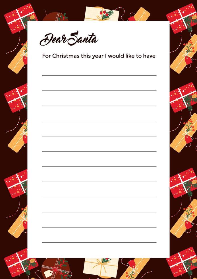 Template for Christmas wish list. Hand drawn design with gift boxes on background. vector