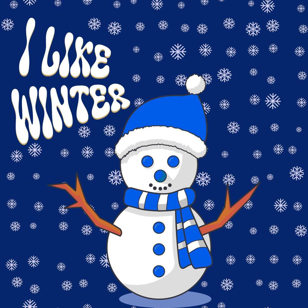 A close up of a snowman wearing a blue hat and scarf vector