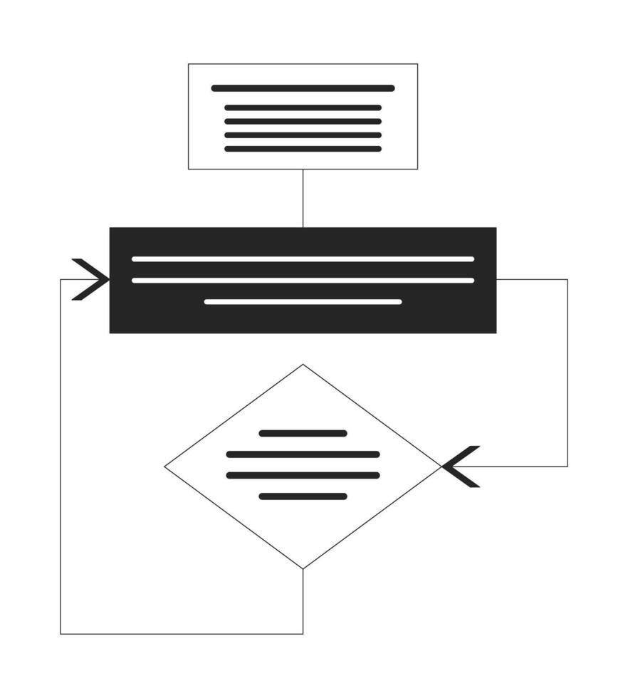 Block diagram black and white 2D line object. Analysis scheme. Schematic flowchart algorithm. Decision tree. Strategy flow chart isolated clip art outline item. Monochromatic spot illustration vector