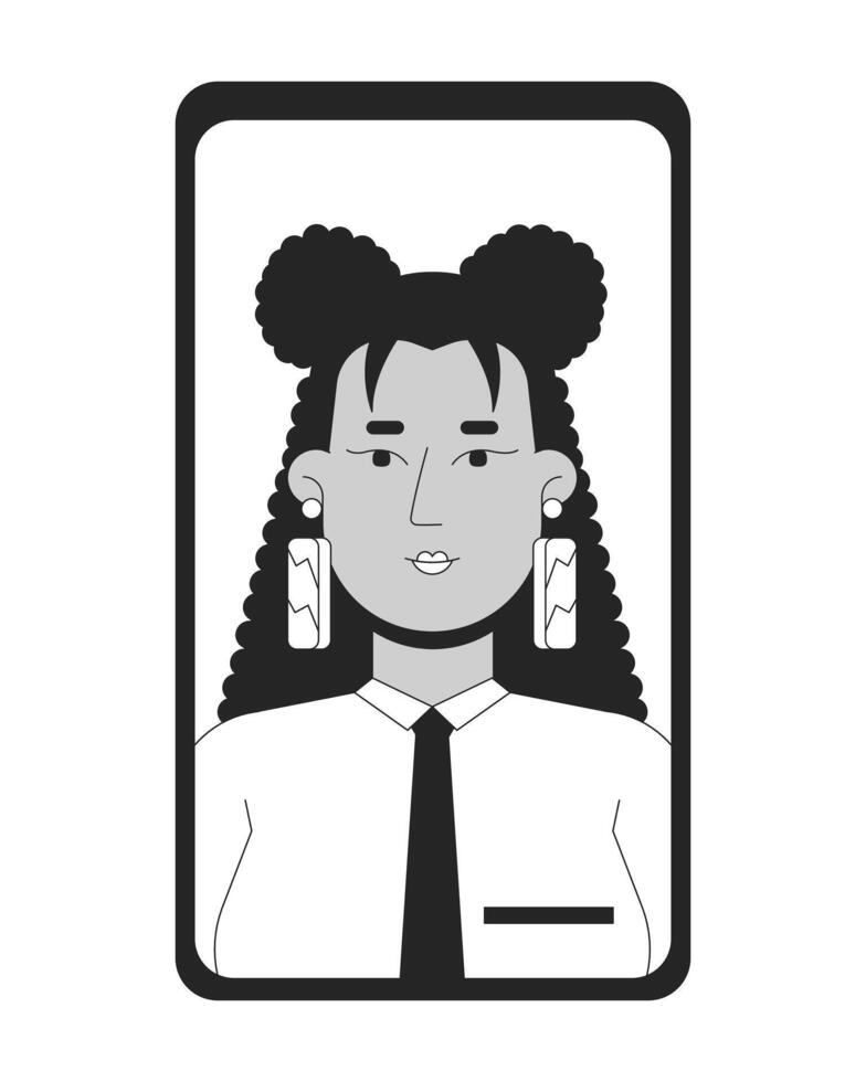 Hispanic consultant businesswoman on mobile phone screen black and white 2D line object. Latina personal assistant cellphone isolated clip art outline item. Monochromatic spot illustration vector