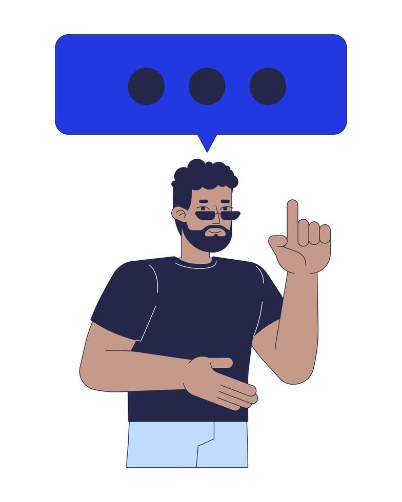 Black man holding index finger up with talk box 2D cartoon character. African american guy sunglasses dialogue balloon isolated person flat on white background. Spot illustration colorful vector