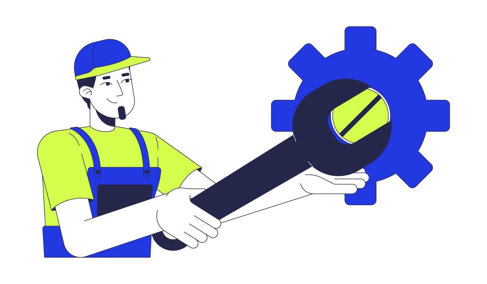 Mechanic man with spanner unscrewing screw on gear 2D cartoon character. Caucasian repairman working with wrench cogwheel isolated person flat on white background. Spot illustration colorful vector