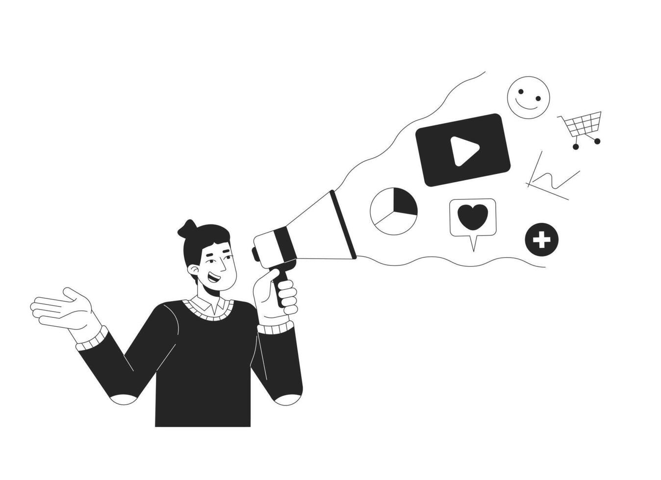 Digital advertising black and white 2D illustration concept. Social media advertiser megaphone outline character isolated. Brand promotion. Online marketing strategy metaphor monochrome art vector