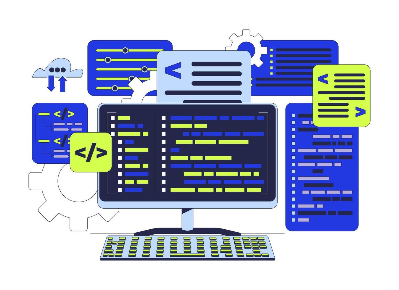 Programming computing 2D cartoon object. Backend program coding. Computer keyboard with syntax codes. Back-end development isolated element flat clipart on white background. Spot illustration vector