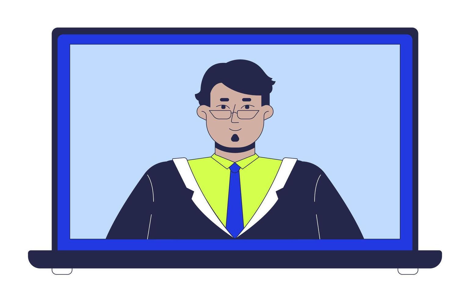 Arab man glasses formal on laptop screen 2D cartoon object. Middle eastern male suit businessman call on notebook isolated element flat clipart on white background. Spot illustration vector
