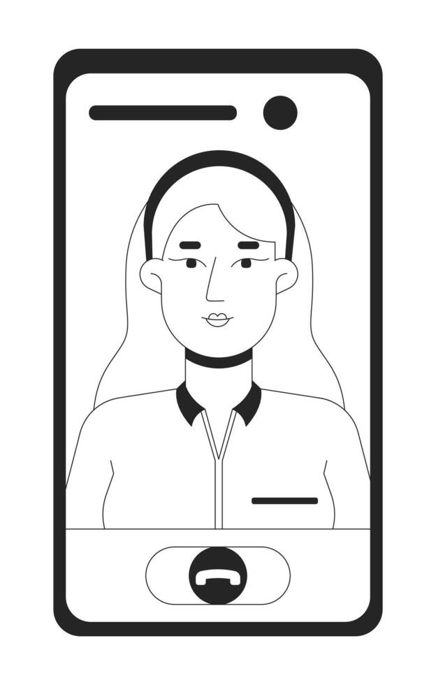 Personal assistant woman on phone screen black and white 2D line object. Blonde female formal call. call smartphone isolated clip art outline item. Monochromatic spot illustration vector