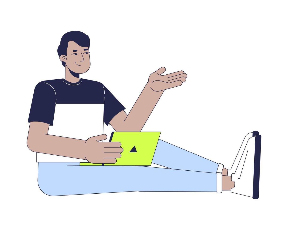 Indian young adult man with laptop sitting on floor 2D cartoon character. Gesturing suggesting. South asian guy using device isolated person flat on white background. Spot illustration colorful vector