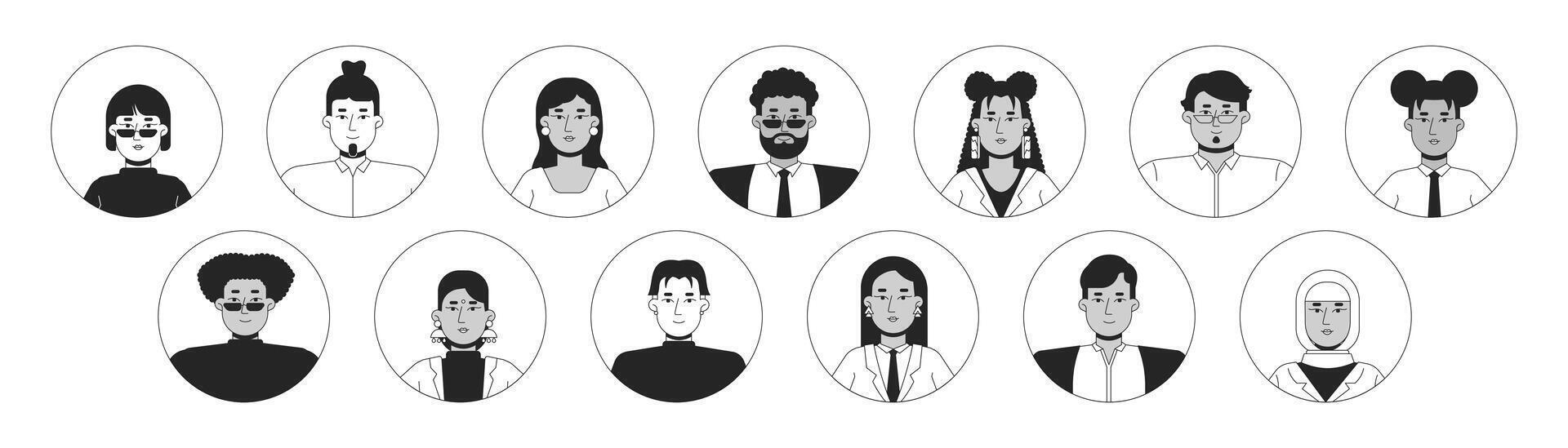 Multi-ethnic office workers black and white 2D avatars illustration set. Diverse women men outline cartoon character faces isolated. Employees smart casual flat user profile images collection vector