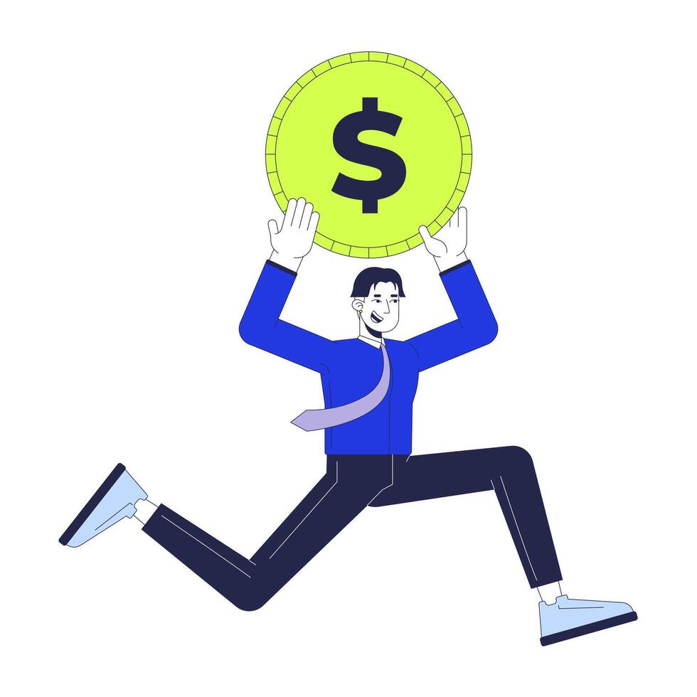 Digital marketing budget 2D illustration concept. Asian man running with dollar coin cartoon character isolated on white. Allocation funds for business promotion metaphor abstract flat graphic vector