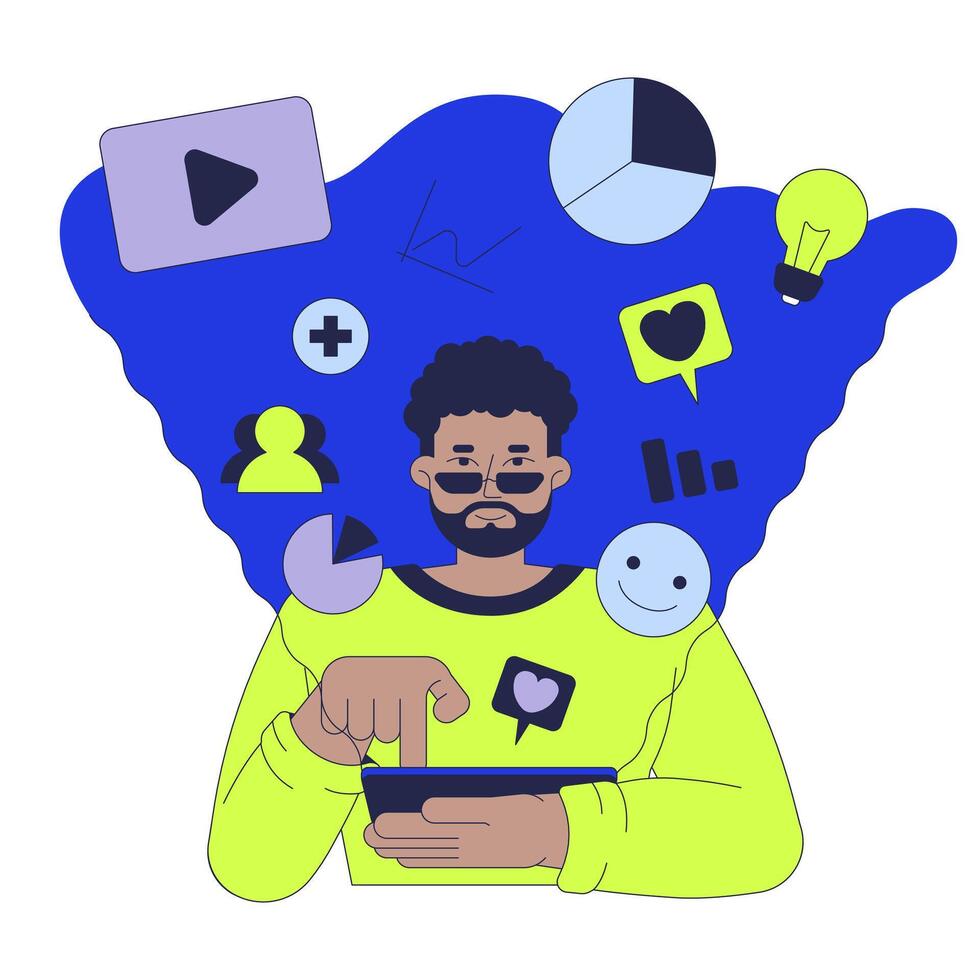 Social media manager 2D illustration concept. SMM managing online presence with tablet cartoon character isolated on white. Digital marketing advertising metaphor abstract flat graphic vector