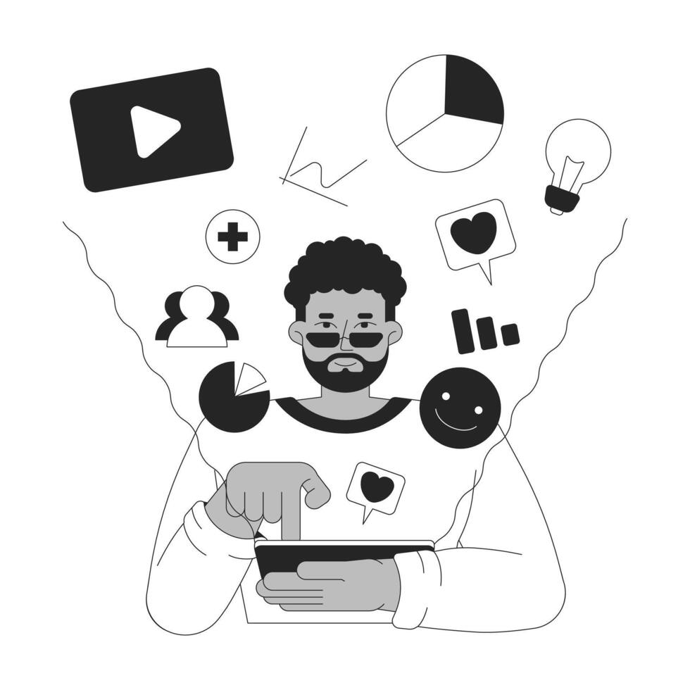 Social media manager black and white 2D illustration concept. SMM managing online presence with tablet outline character isolated. Digital marketing advertising metaphor monochrome art vector