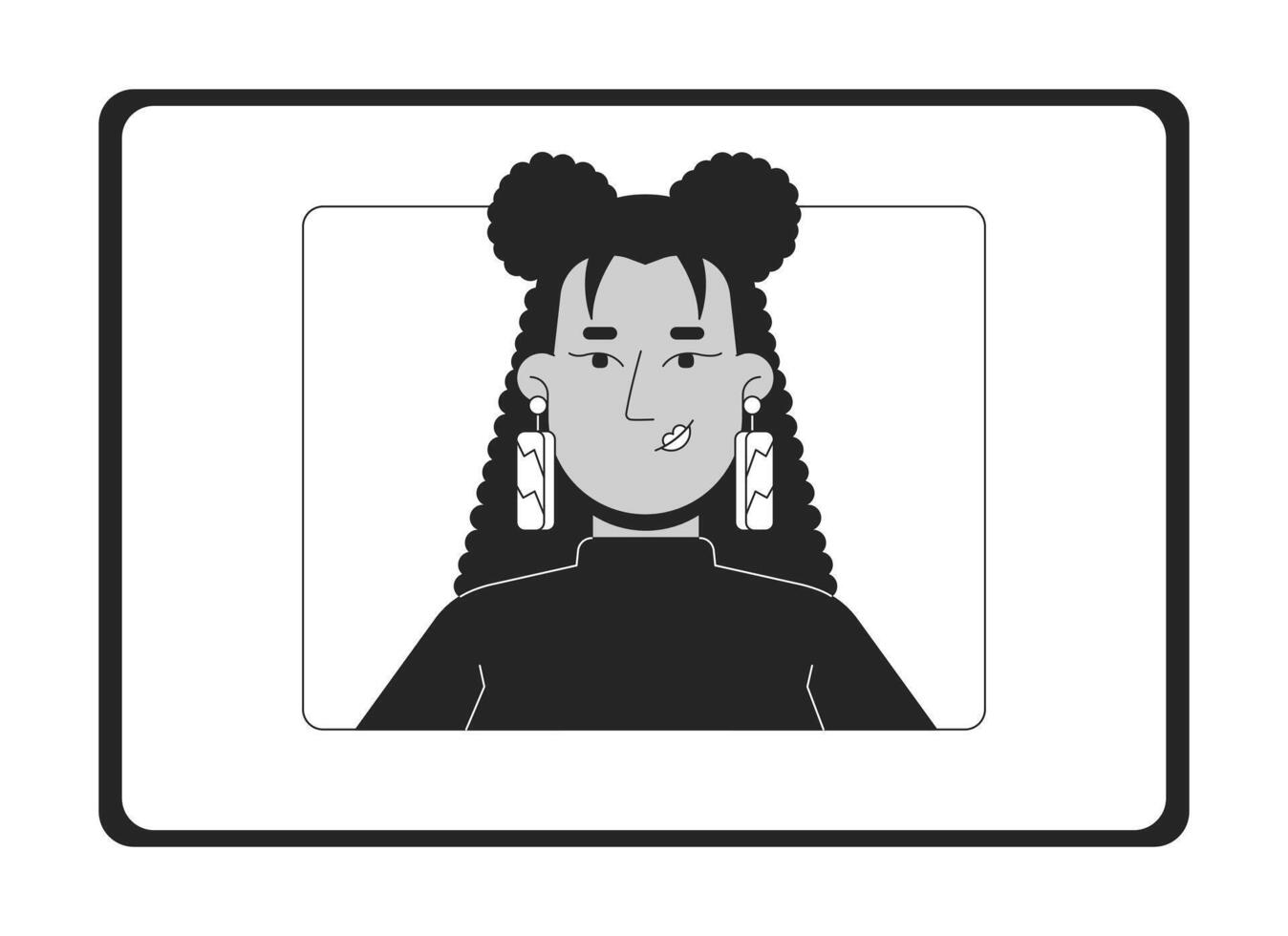 Stylish hispanic woman on tablet screen black and white 2D line object. Latin american female office manager on gadget display isolated clip art outline item. Monochromatic spot illustration vector