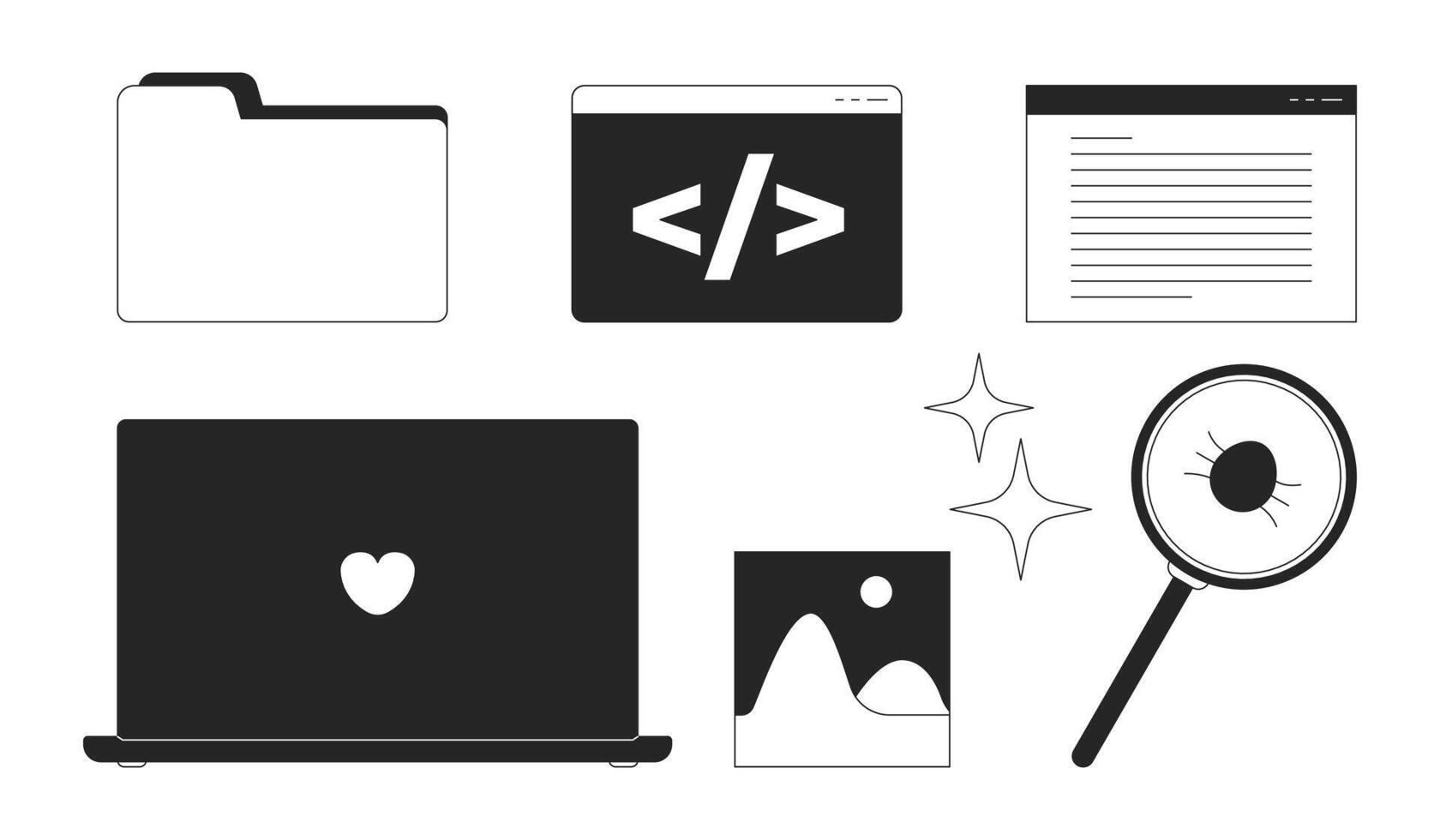 Programming desktop icons black and white 2D line objects set. Angle brackets slash. Bug fix, laptop. Folder document isolated clip arts outline items collection. Monochrome spot illustrations vector