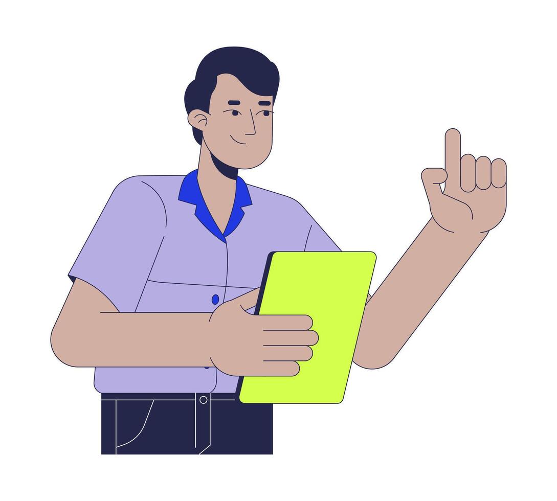 Administrator supervisor indian man holding clipboard finger up 2D cartoon character. South asian male inspector pointing up isolated person flat on white background. Spot illustration colorful vector