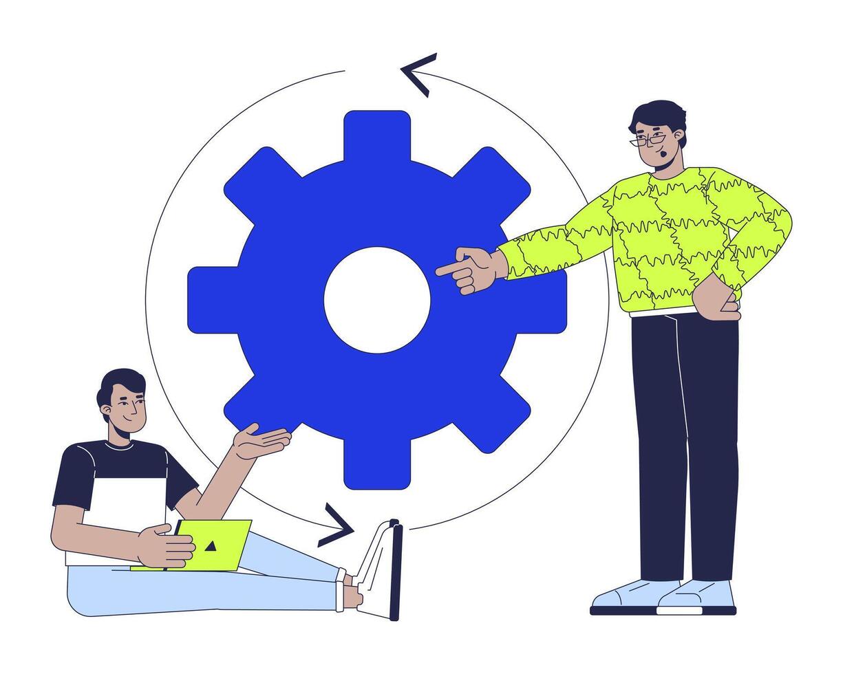 Digital marketing strategy 2D illustration concept. Business marketers with process gear cog cartoon characters isolated on white. Problem solving cogwheel metaphor abstract flat graphic vector