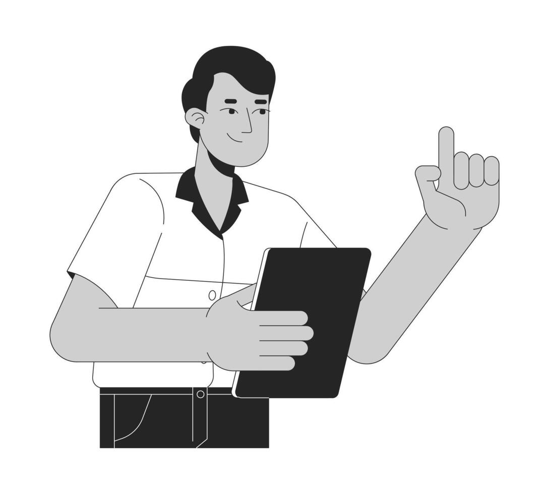 Administrator supervisor indian man clipboard finger up black and white 2D line character. South asian male inspector pointing up isolated outline person. Monochromatic spot illustration vector