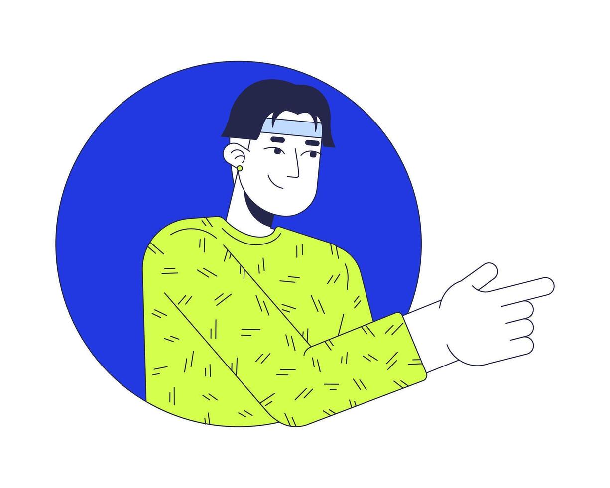 Finger pointing asian man in circle frame 2D cartoon character. Stylish male choosing. Modern korean guy showing direction isolated person flat on white background. Spot illustration colorful vector