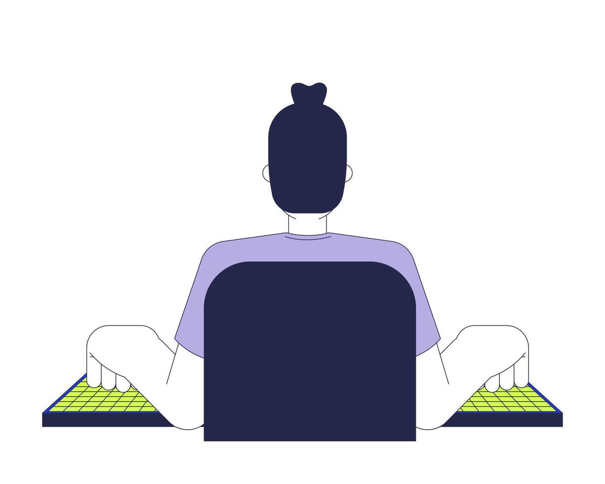 Back view man typing computer keyboard 2D cartoon character. Caucasian male programmer coding, corporate engineer isolated person flat on white background. Spot illustration colorful vector
