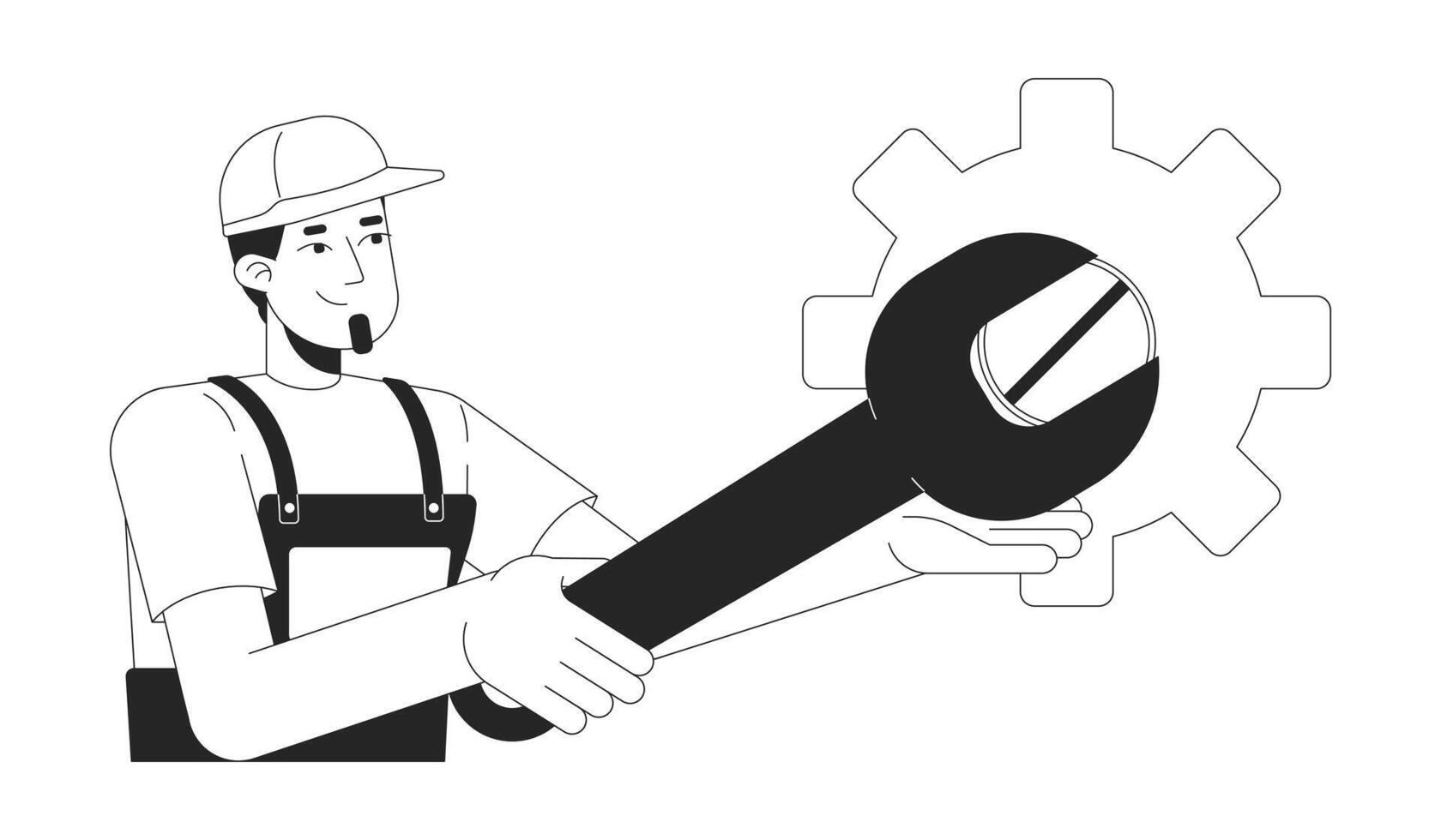 Mechanic man with spanner unscrewing screw on gear black and white 2D line character. Caucasian repairman working with wrench cogwheel isolated outline person. Monochromatic spot illustration vector