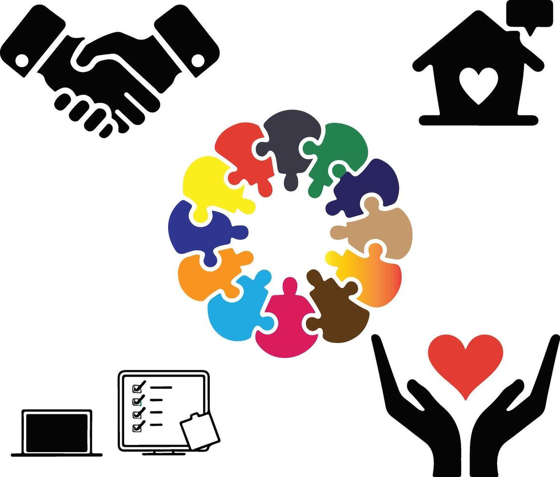 a set of icons in a silhouette style, each representing concepts of society, teamwork vector