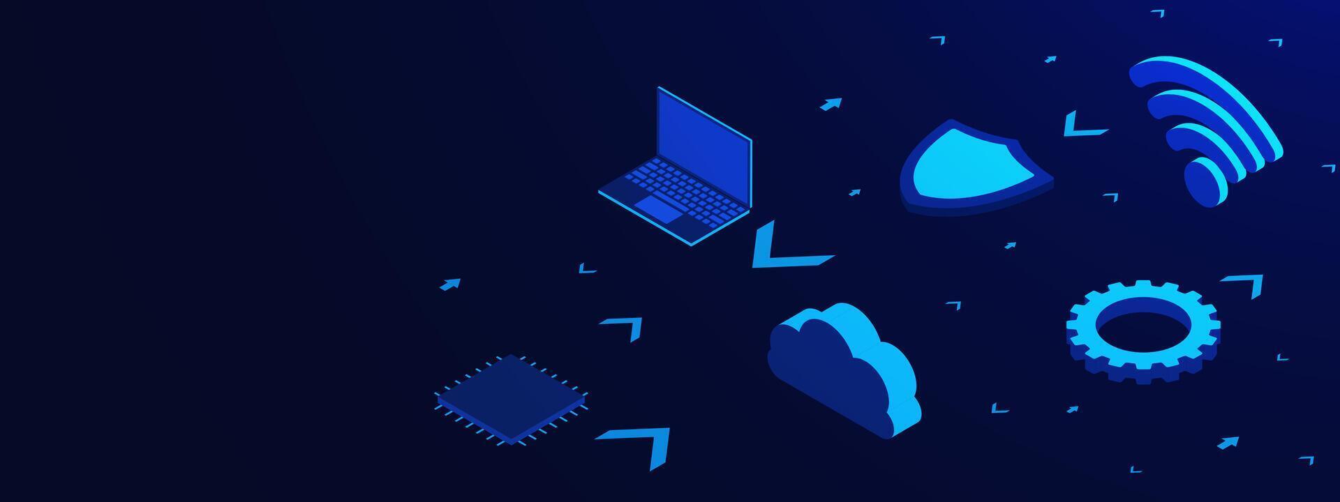 artificial inteligencia concepto con pastilla, computadora portátil, nube, proteger, engranaje y Wifi símbolo isométrica vector