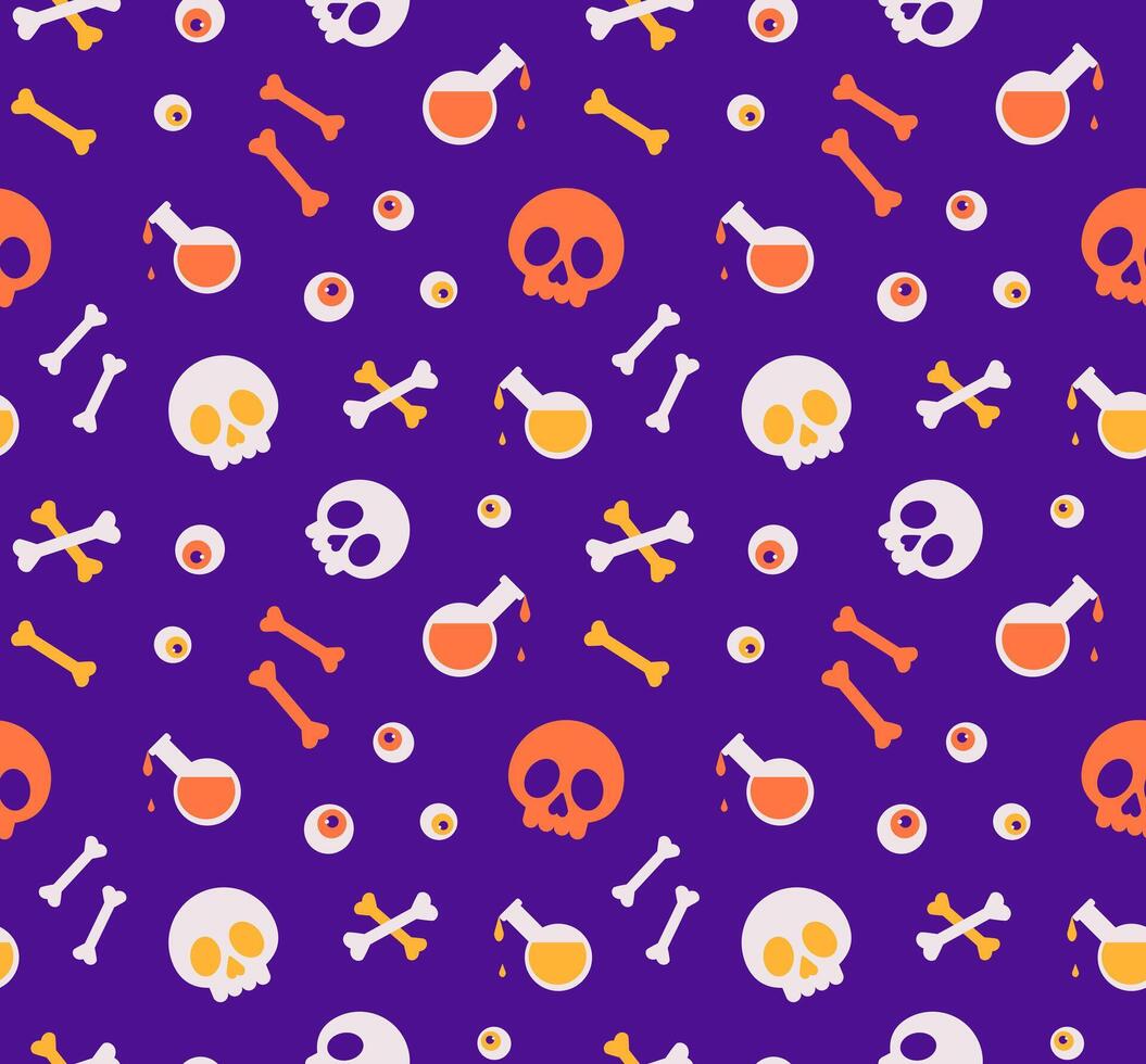 Spooky Halloween Seamless Pattern with skull, bones, bottle of poison and eyes on violet background. vector