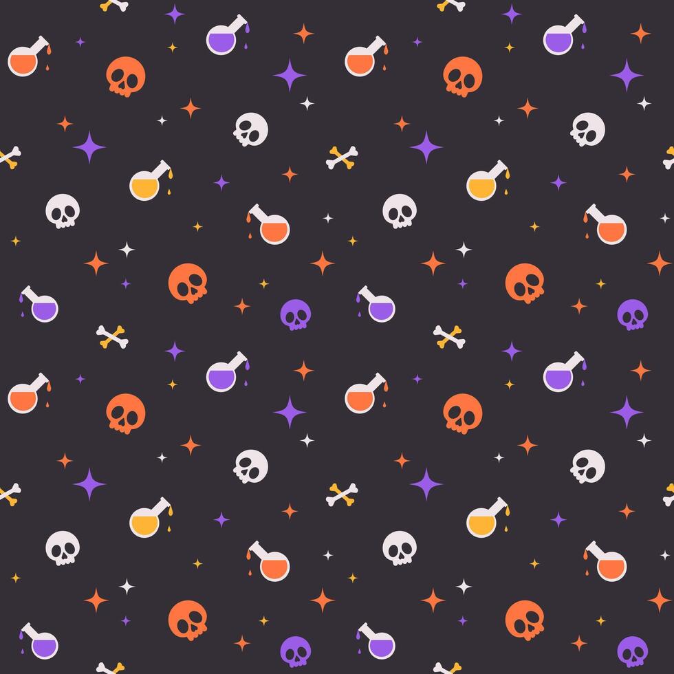 Spooky Halloween Seamless Pattern with skull, bones, bottle of poison and stars on black background. vector