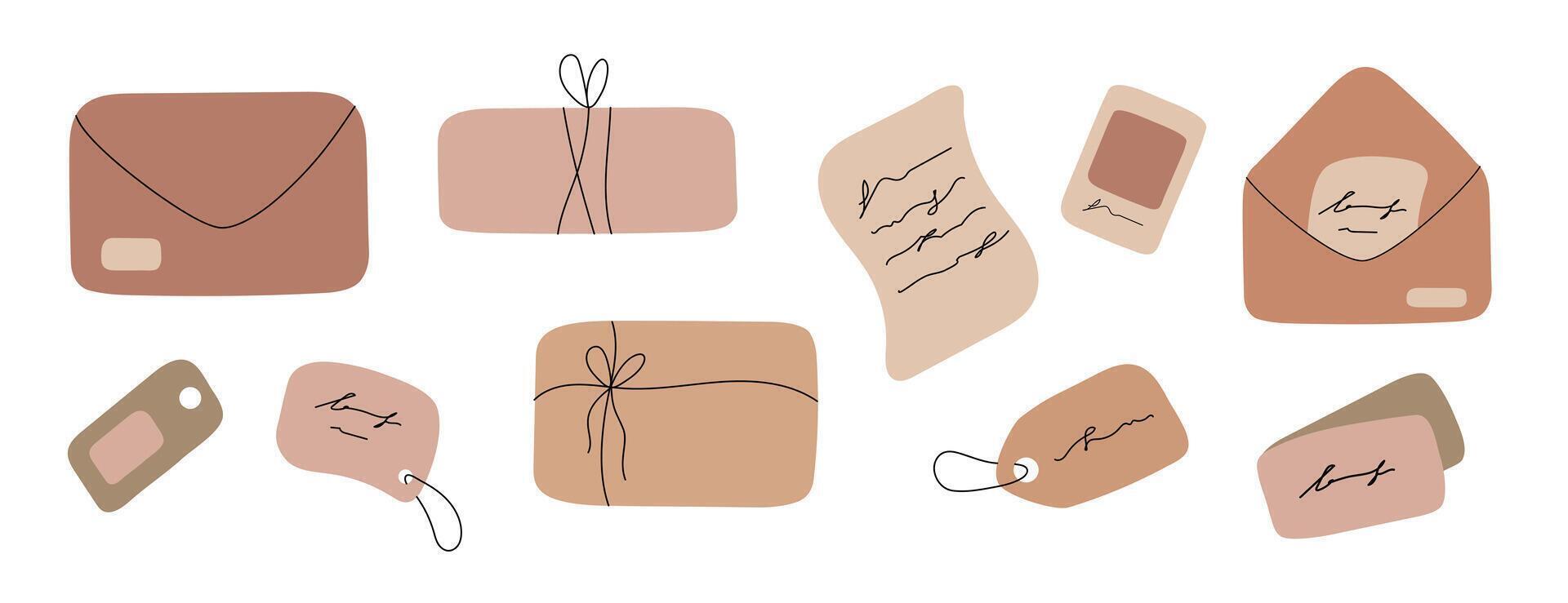 Set of gift boxes and presents, envelopes, tags, letters, cards with craft paper. Hand drawn illustration vector