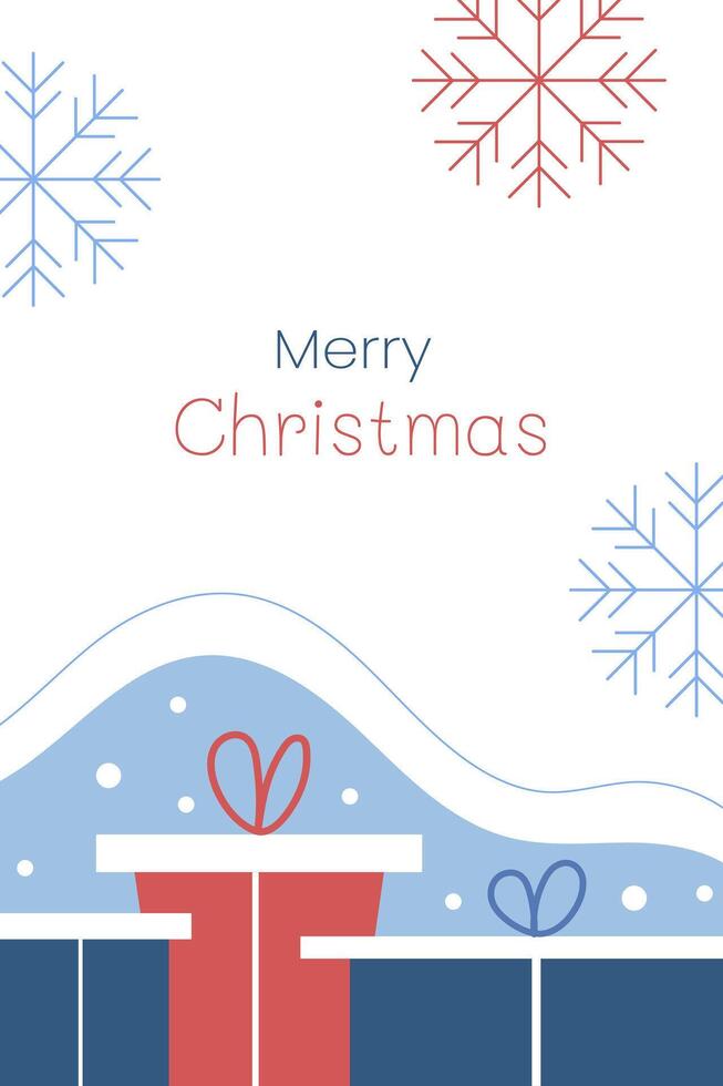 Merry Christmas. Gift boxes and snowflakes. Greeting card, poster, banner, invitation card. Flat illustration. vector