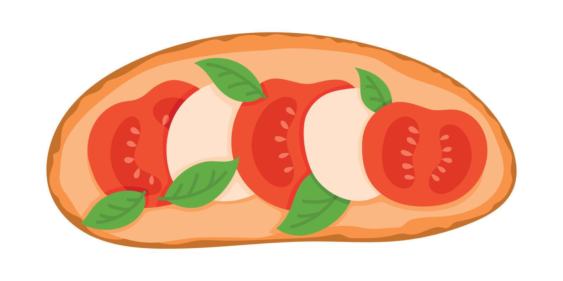 Bruschetta Italian Cuisine Appetizer. Open Sandwich with Grilled Bread Topped with Fresh Tomatoes, Mozzarella and Basil. Isolated Illustration on White Background vector