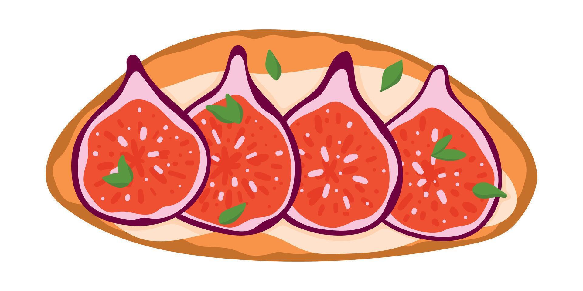 Bruschetta Italian Cuisine Appetizer. Open Sandwich with Grilled Bread Topped with Fig, Cream Cheese and Herbs. Isolated Illustration on White Background vector