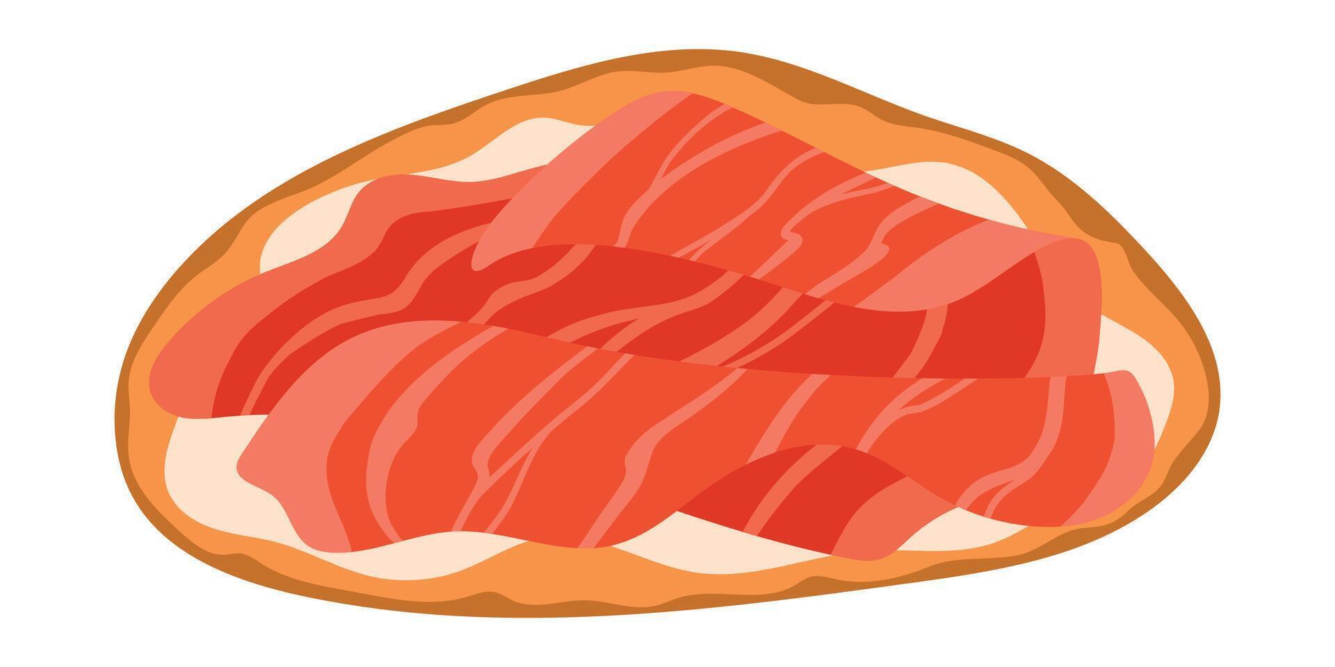 Bruschetta Italian Cuisine Appetizer. Open Sandwich with Grilled Bread Topped with Prosciutto Crudo and Cream Cheese. Isolated Illustration on White Background vector