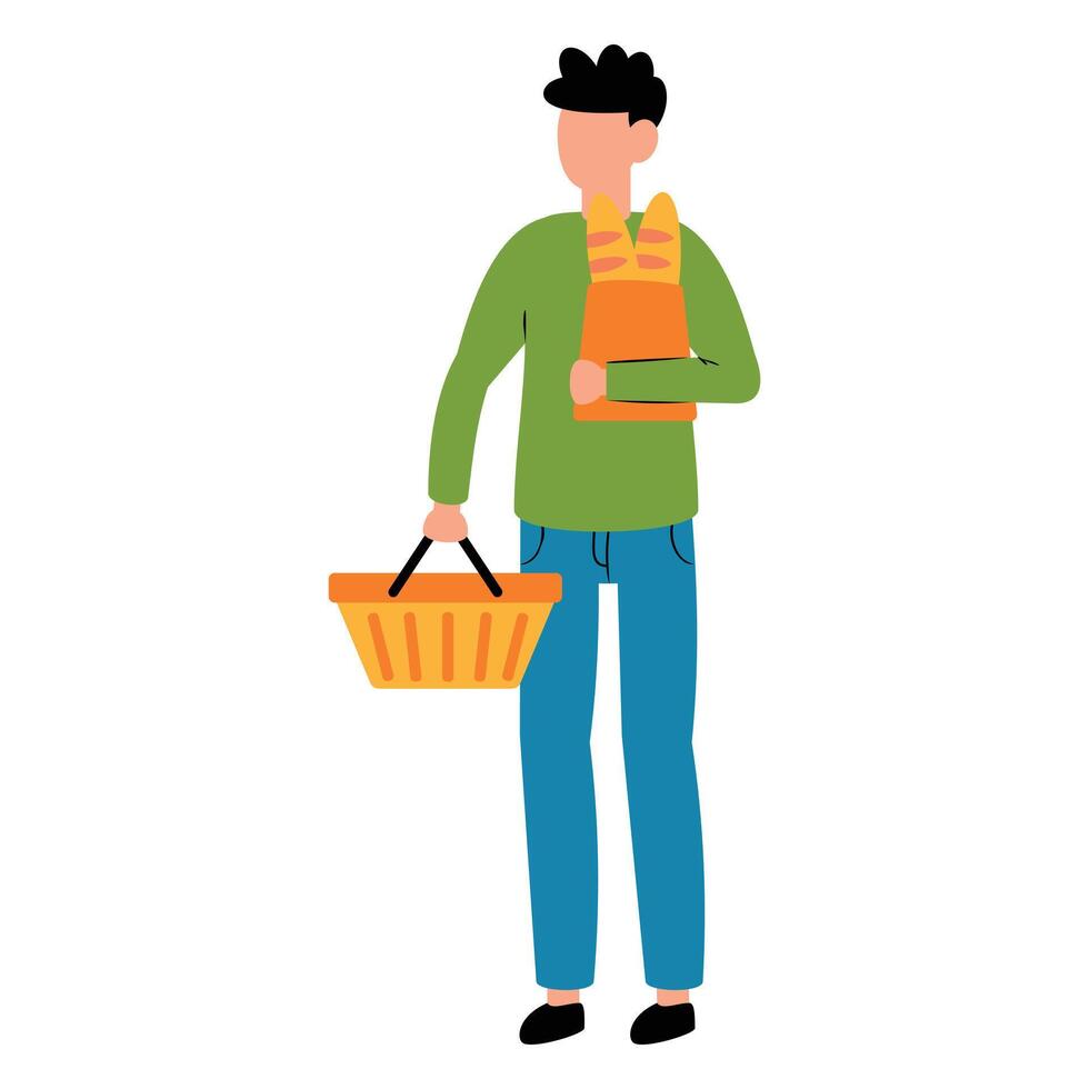 Flat-style illustration of a person holding a shopping basket in one hand and a bag with baguettes in the other. The person is wearing a green long-sleeve shirt and blue pants. vector