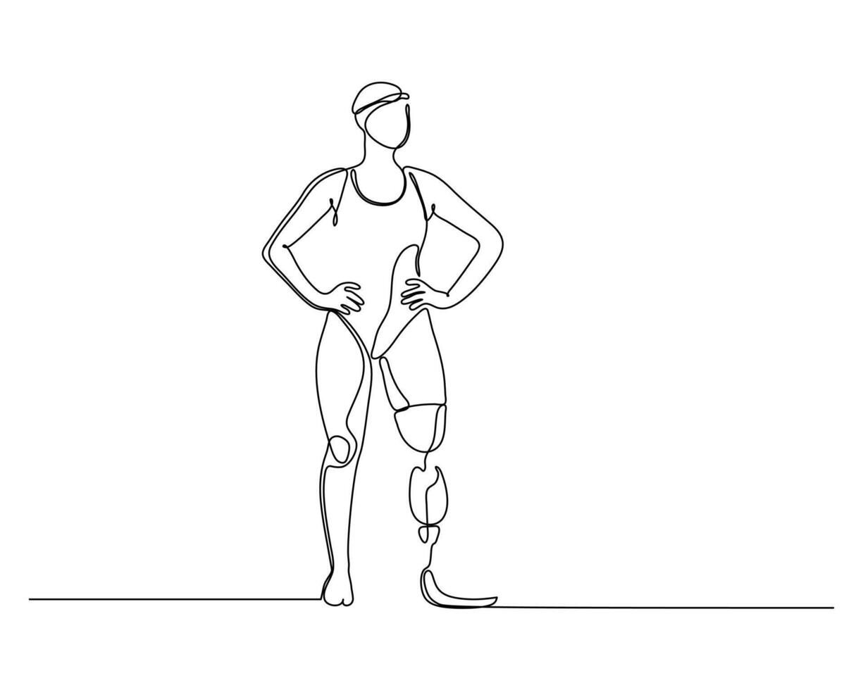 Continuous line drawing of a person standing with hands on hips, wearing a headband and tank top, and a prosthetic leg on the right side, symbolizing strength, resilience, and inclusivity vector