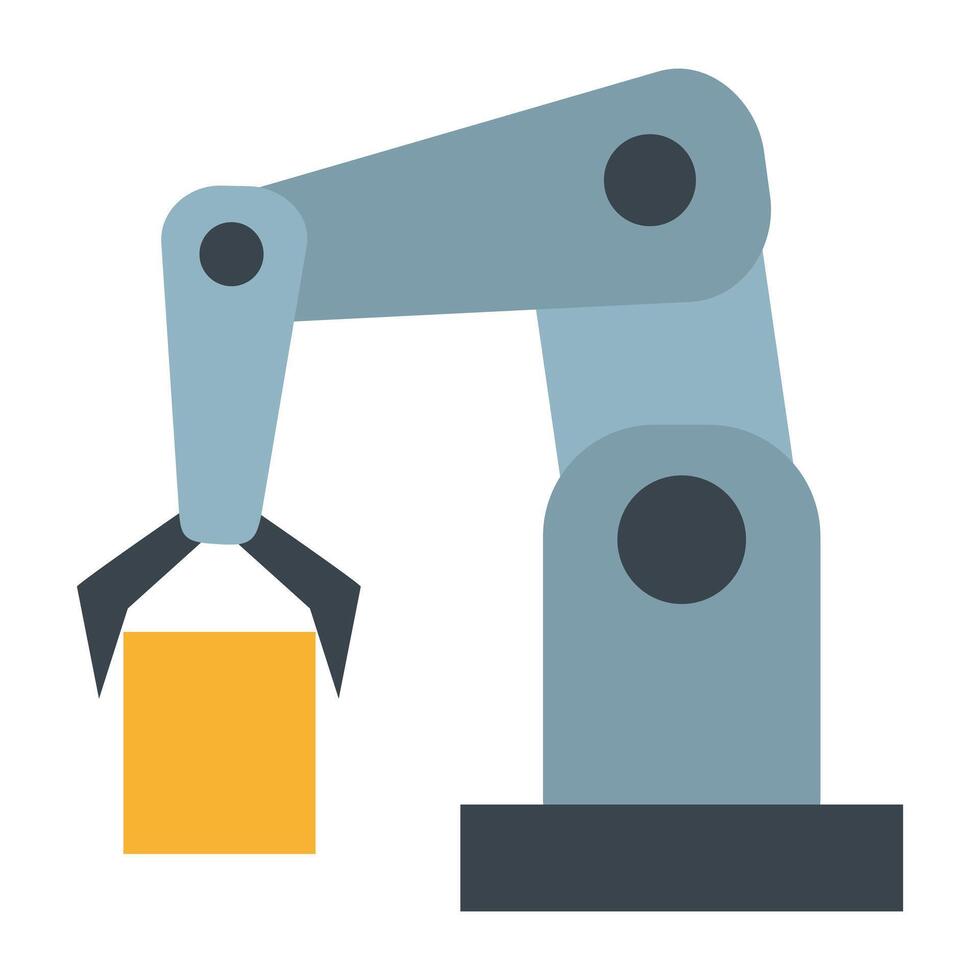 Robotic arm with a gripper holding a yellow block, symbolizing automation and technology. Ideal for robotics, manufacturing, and industrial themes vector