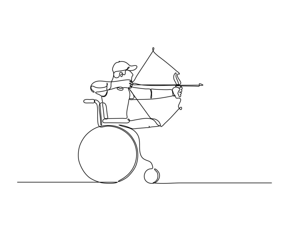 continuous line drawing of a man in a wheelchair shooting an arrow vector