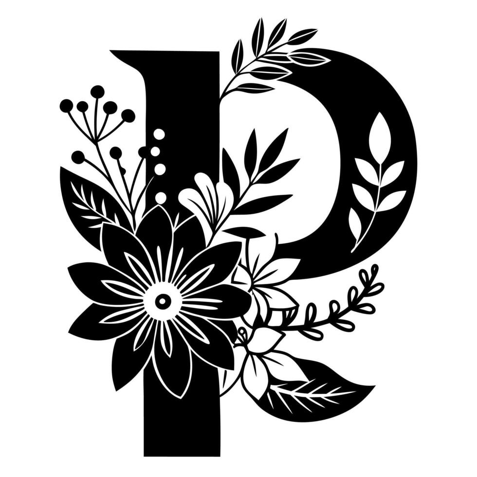 Floral Alphabet Letter P silhouette illustration vector